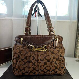 Coach Hampton Large Chocolate Brown Purse Signature Canvas Leather Strap Lock